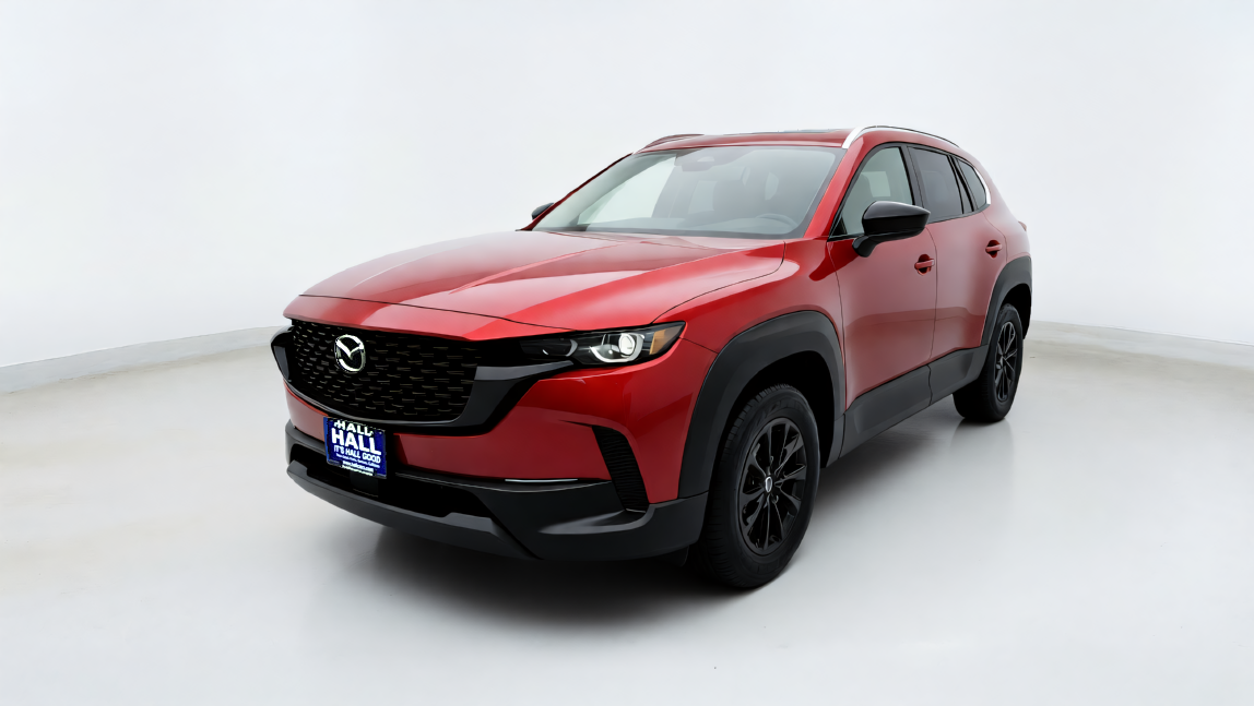 Red Mazda CX-50 Hybrid in a clean virtual studio with rain and water streaks removed